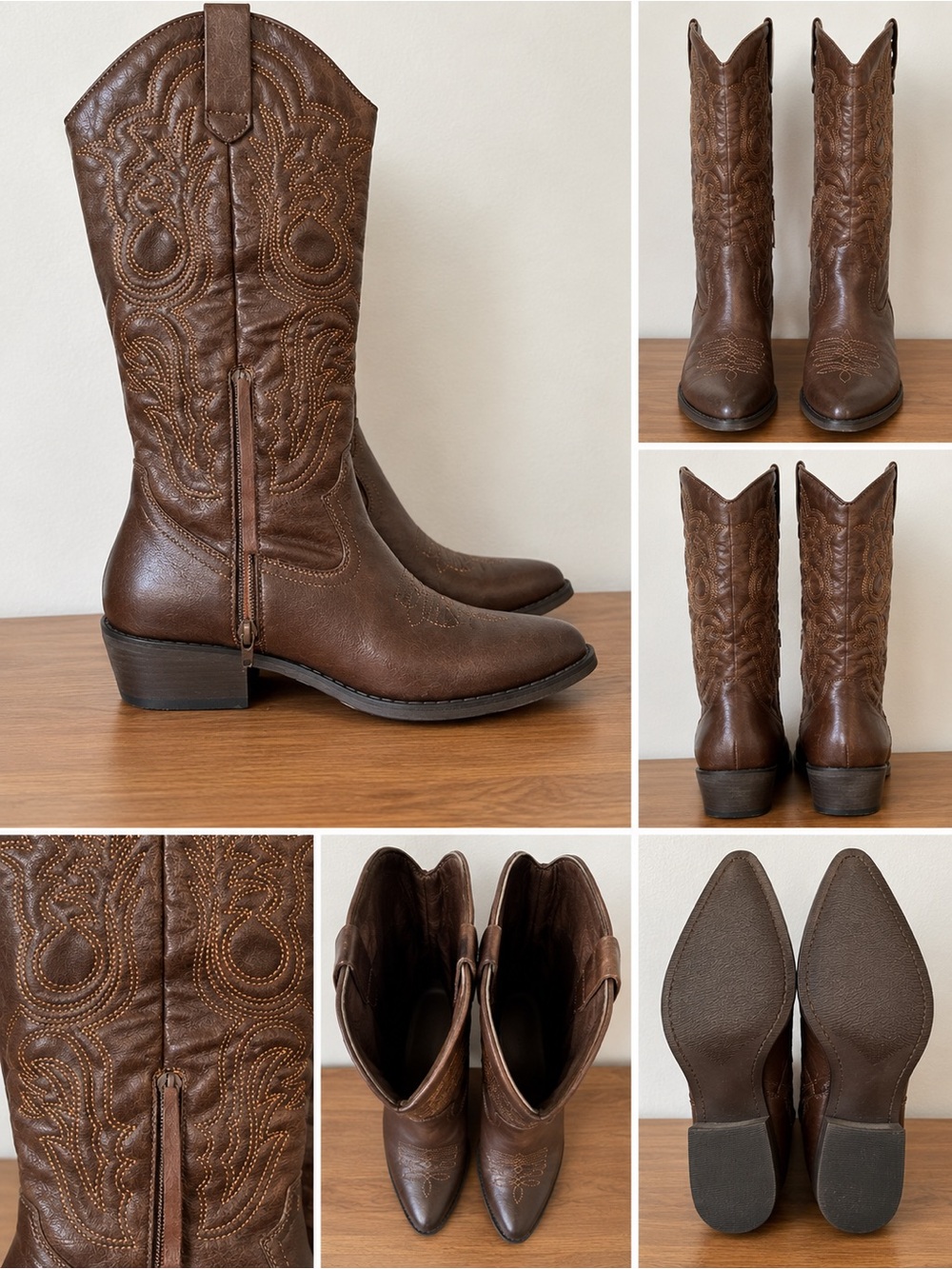 Amazon Women's Brown Western Leather Heeled Boots for wide calf